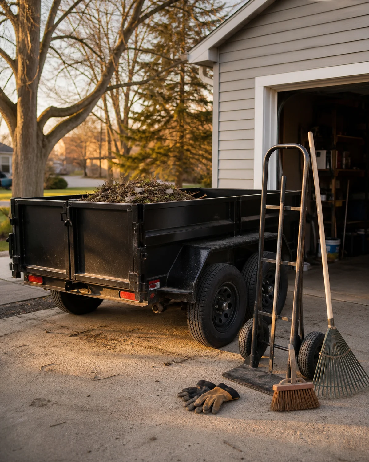 Hauling trailer and hand tools prepared for property cleanup work
