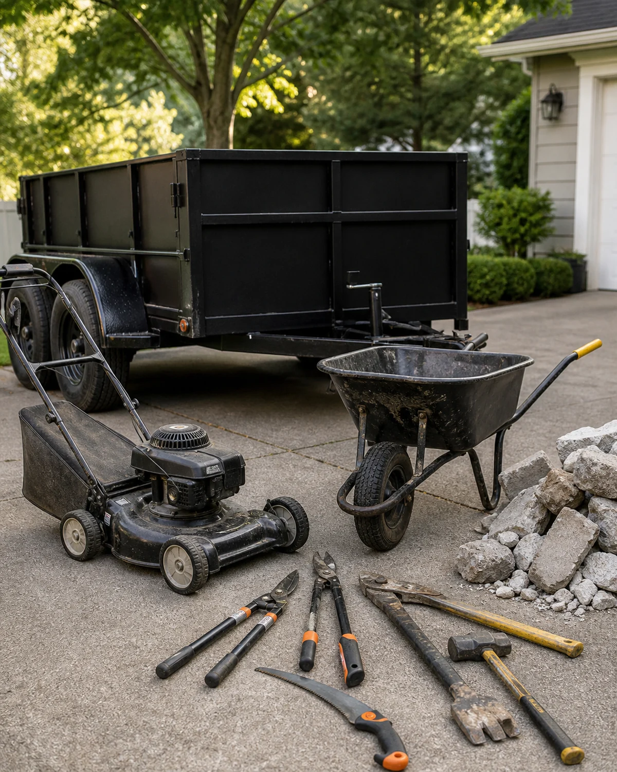 Hauling trailer, mower, and cleanup tools representing D&C property services