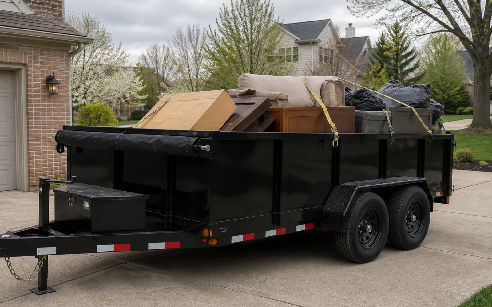 Unbranded dump trailer prepared for a junk hauling job at a Columbus property