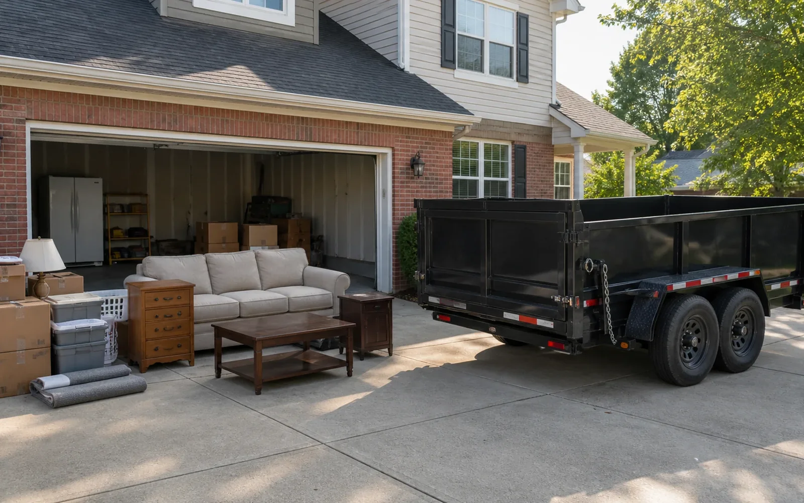 Unbranded hauling trailer loaded neatly with household junk outside a Columbus home