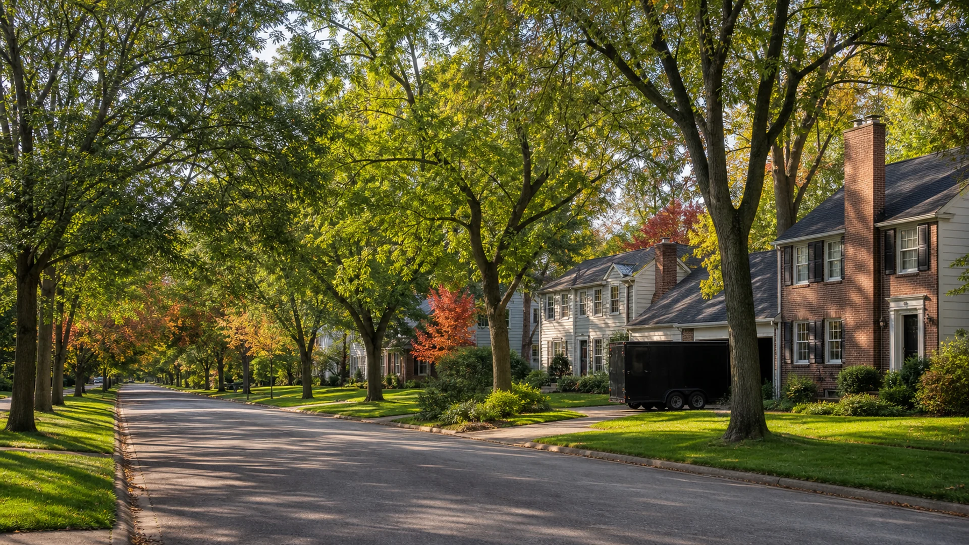 Unbranded hauling trailer on a tree-lined residential street in Dublin, Ohio