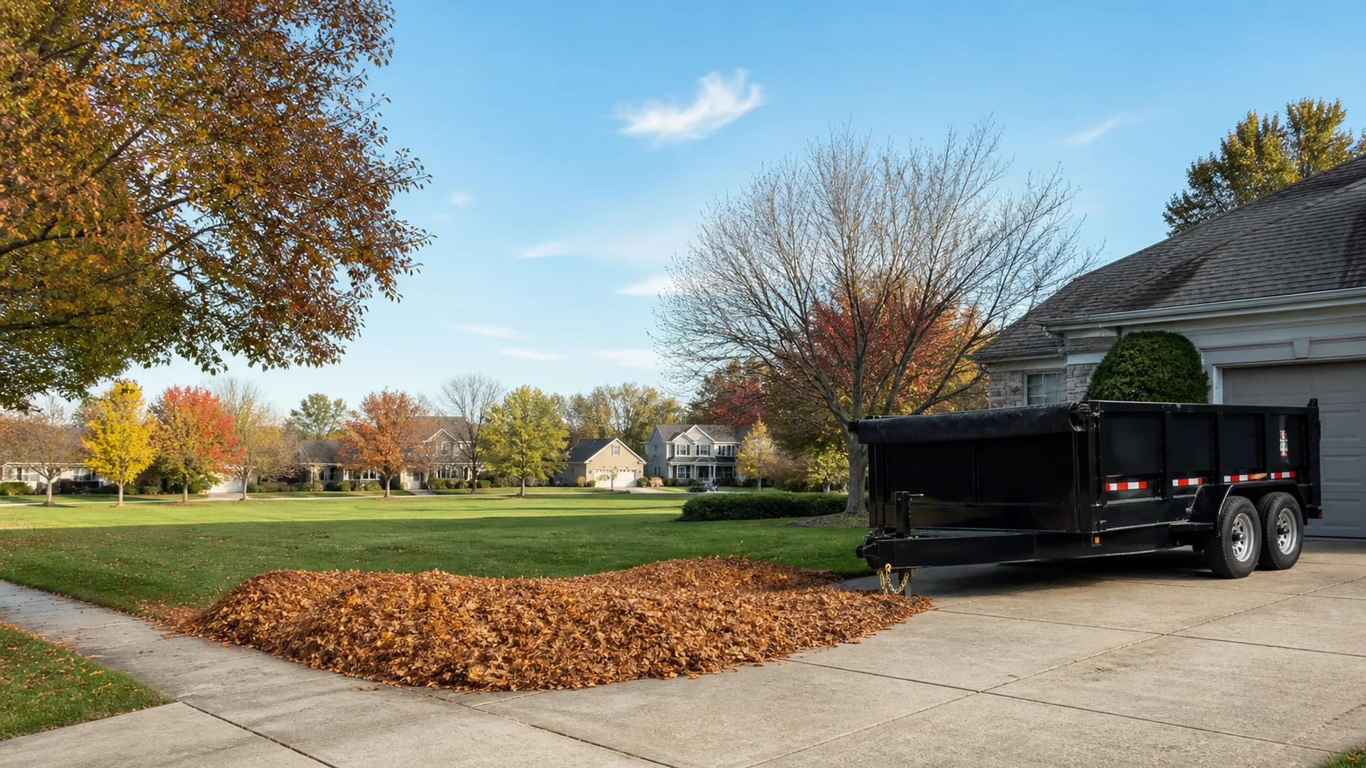 Unbranded hauling trailer beside a suburban home in Grove City, Ohio