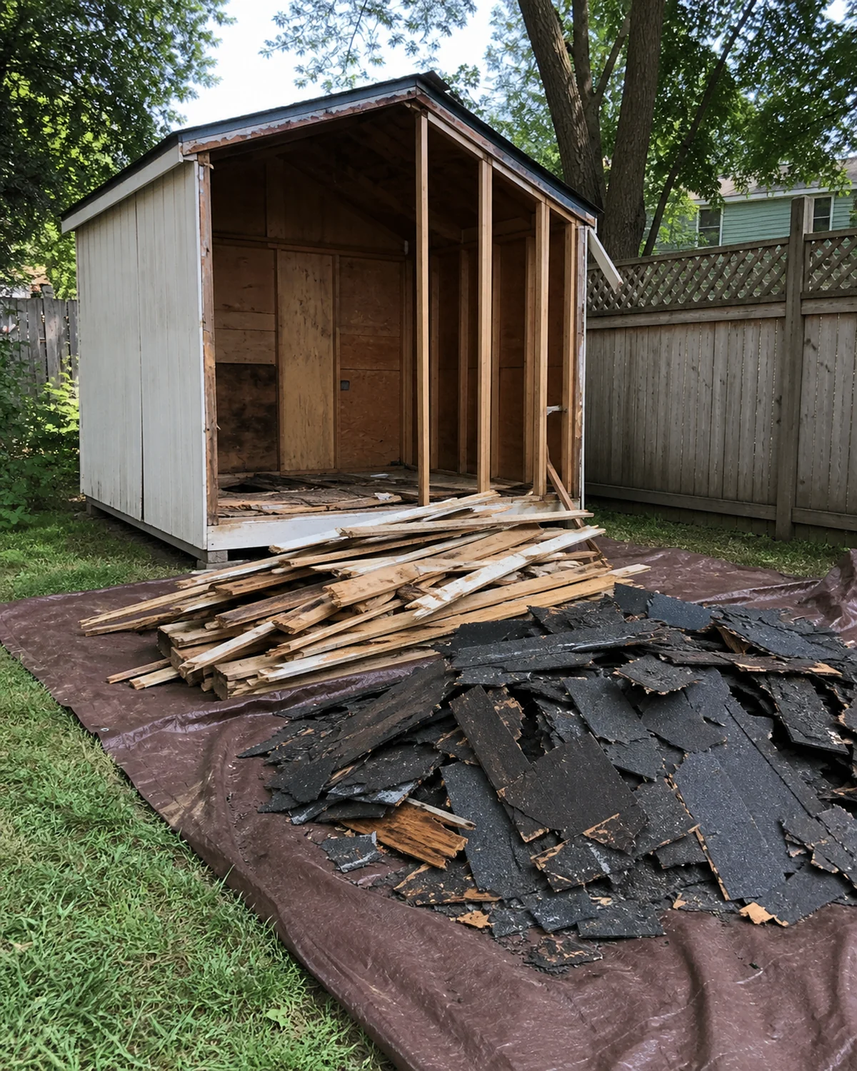 Partially removed backyard shed with demolition debris contained on site