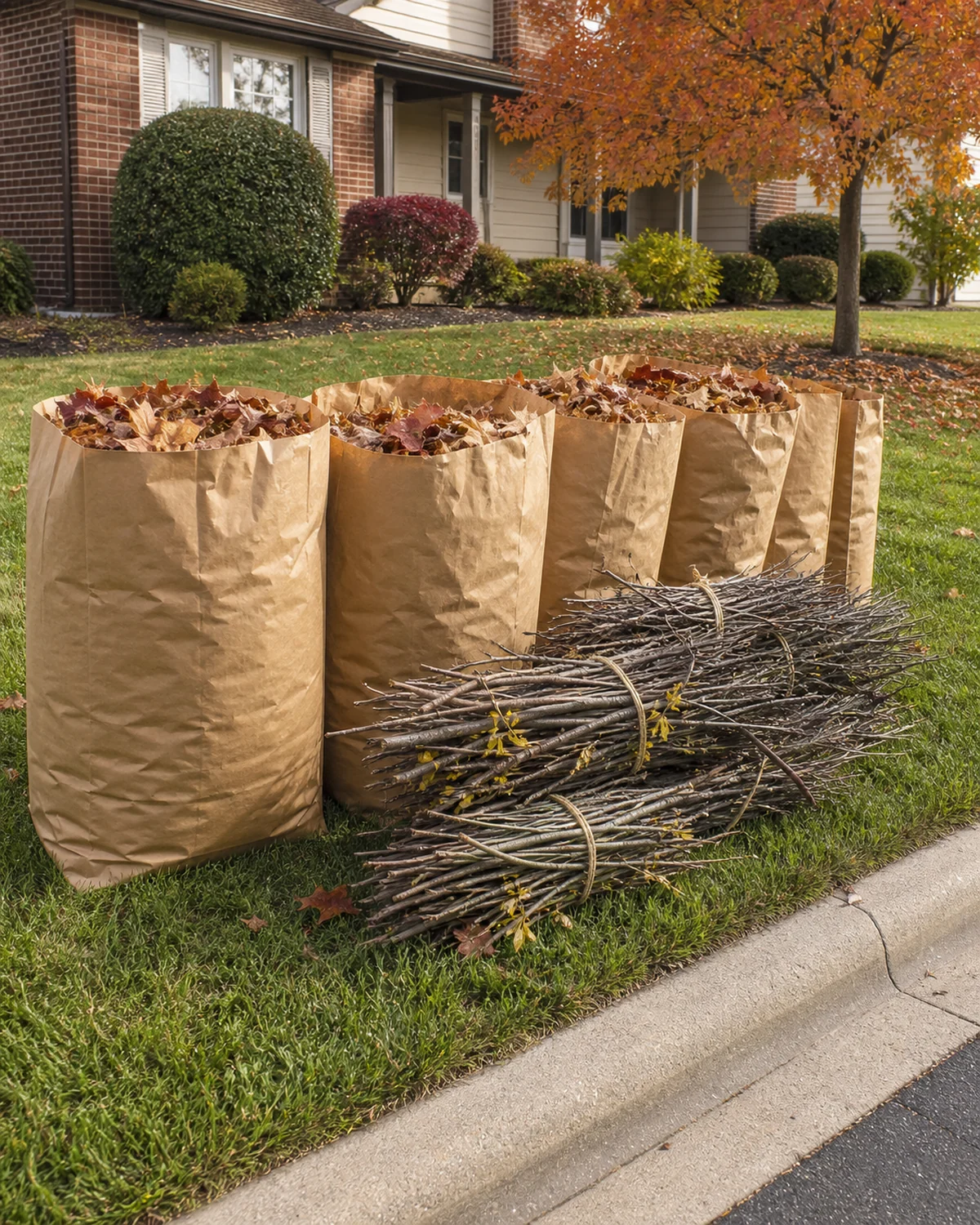 Bagged leaves and trimmed brush organized beside a Grove City lawn