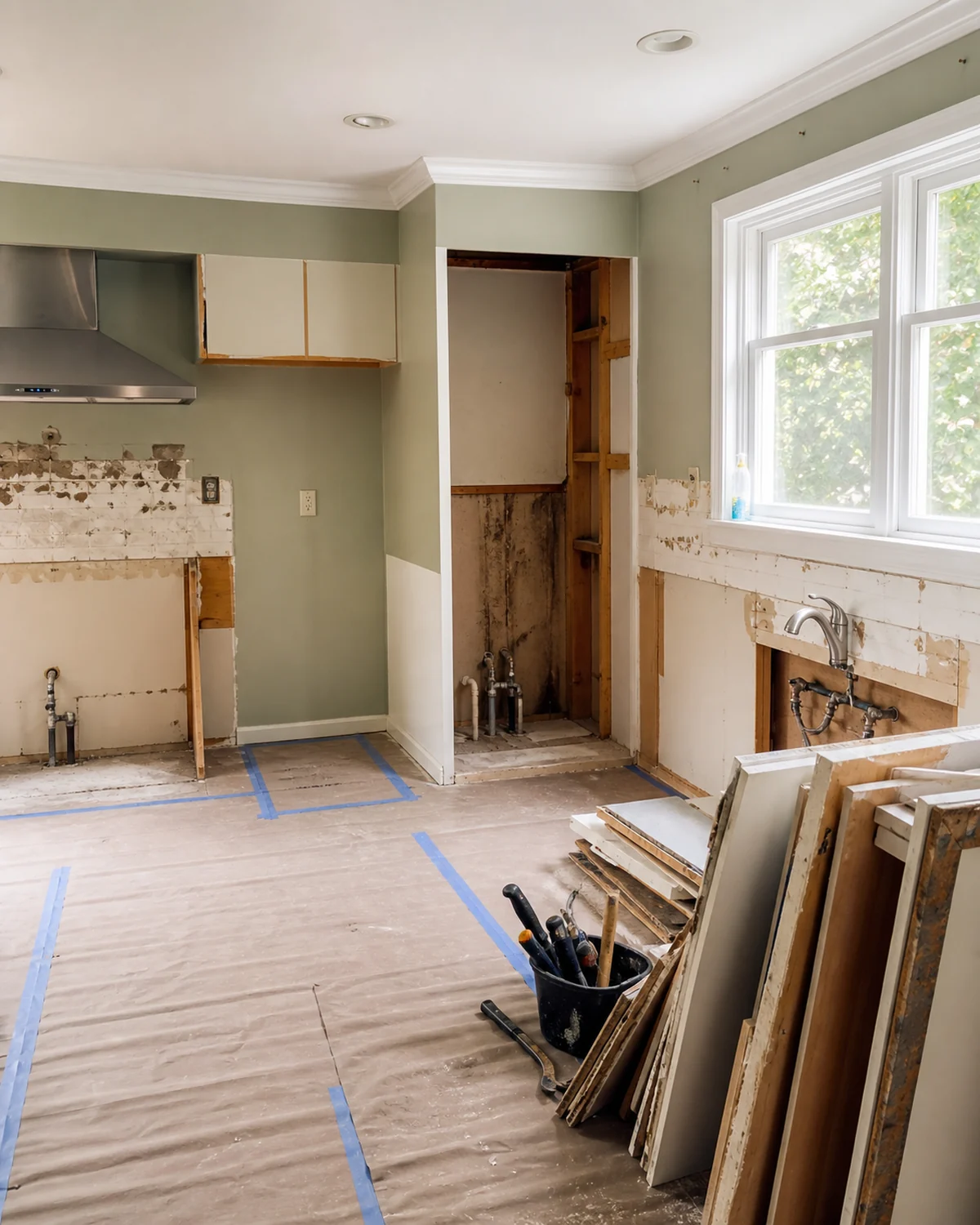 Kitchen cabinets being removed carefully during an interior tear-out