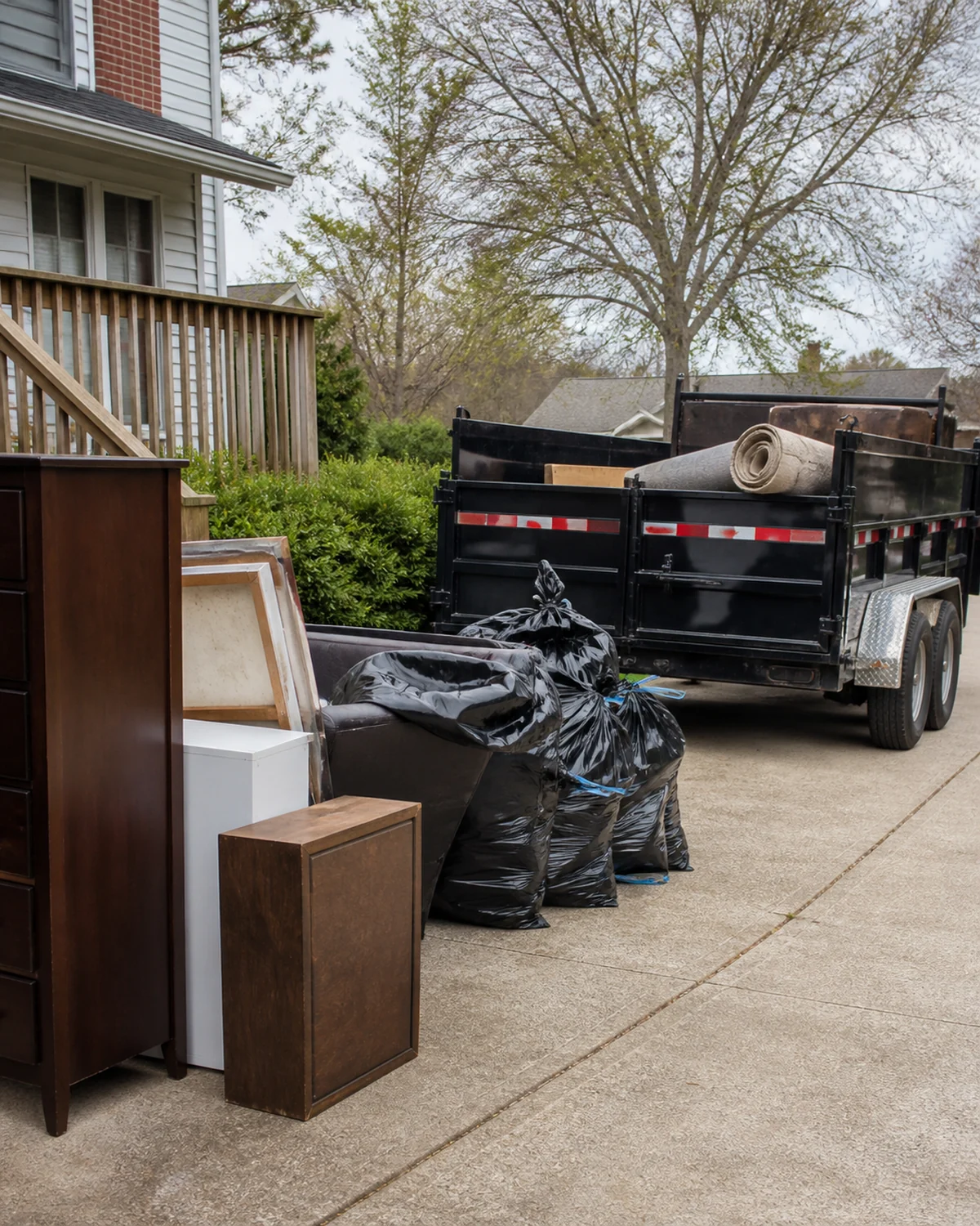 Bulky household items stacked safely for hauling beside a central Ohio home