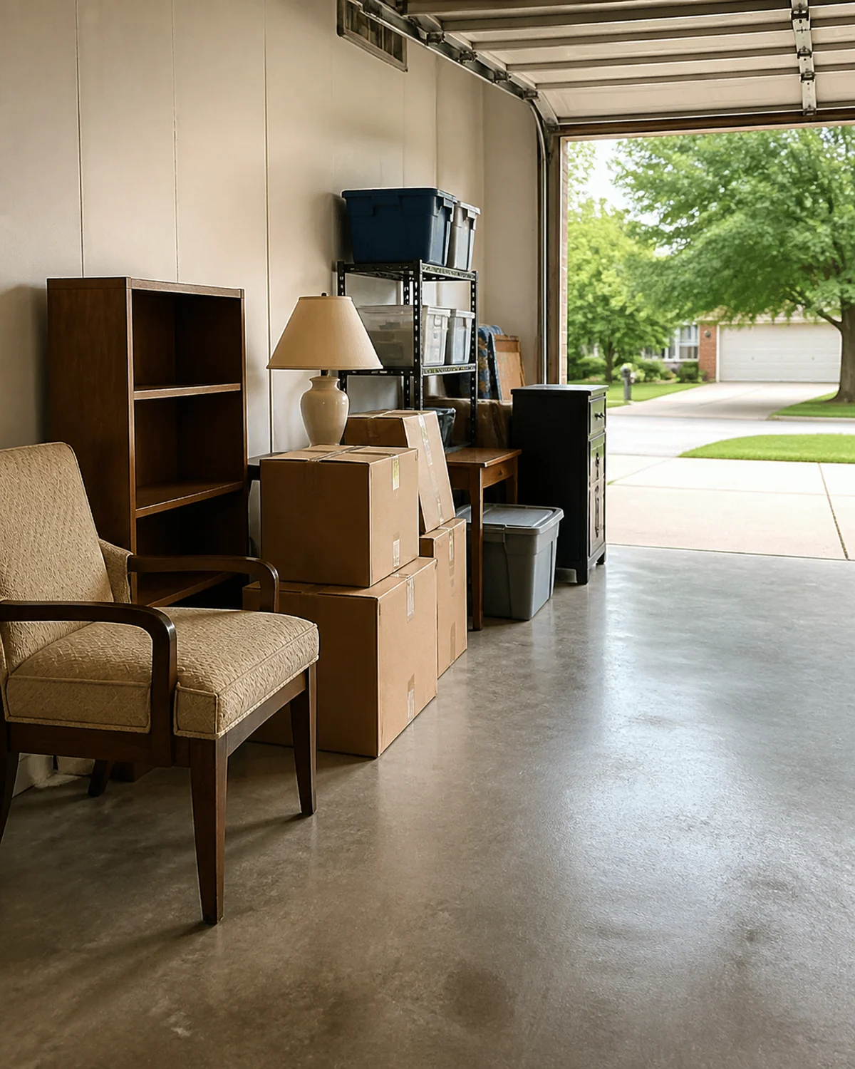 Organized household items prepared for removal from a Columbus garage
