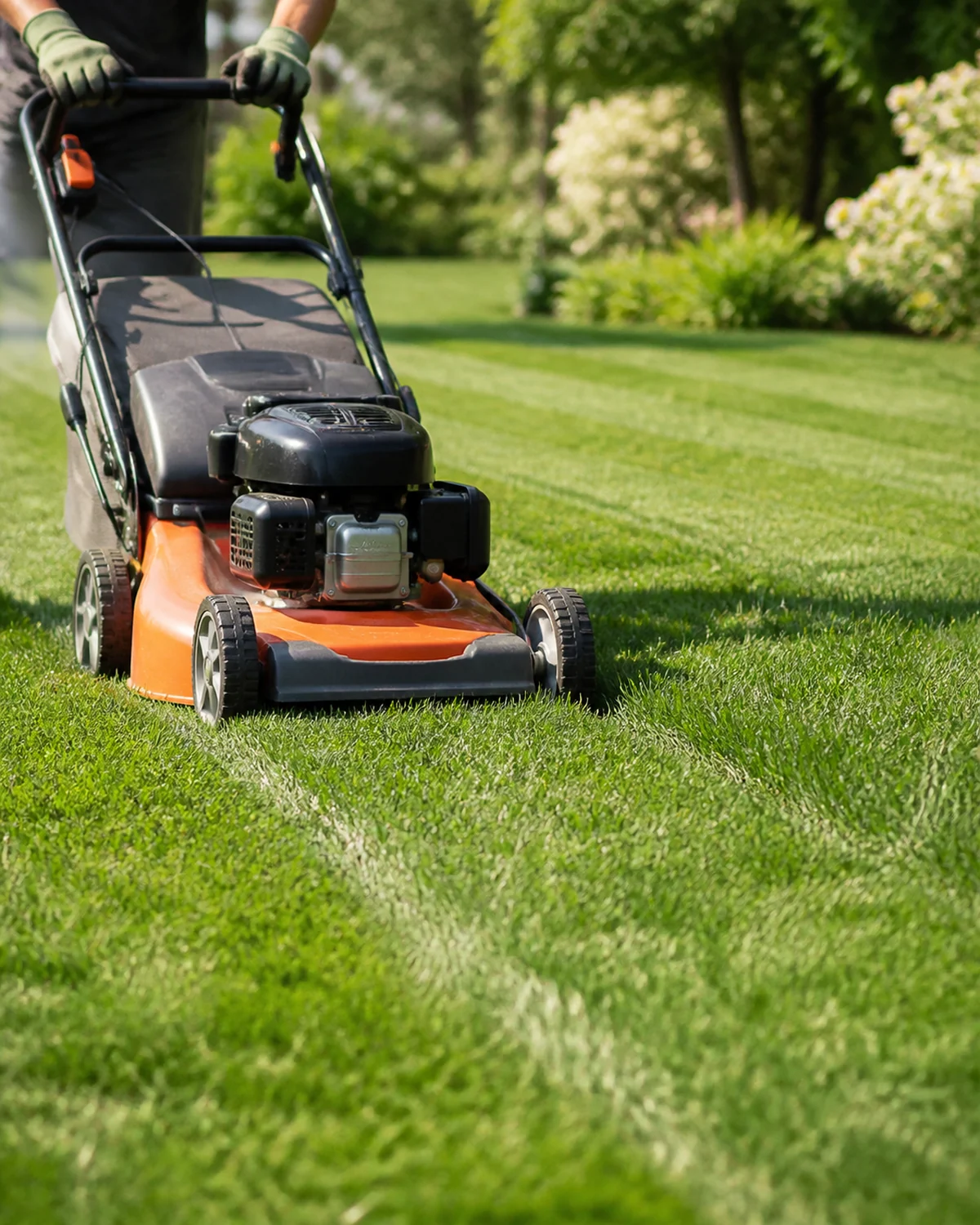 Unbranded mower making an even pass across a healthy central Ohio lawn