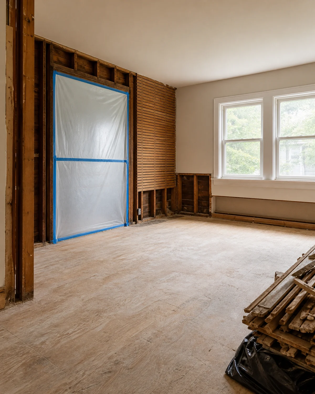 Renovation-ready room after interior finishes and debris were removed